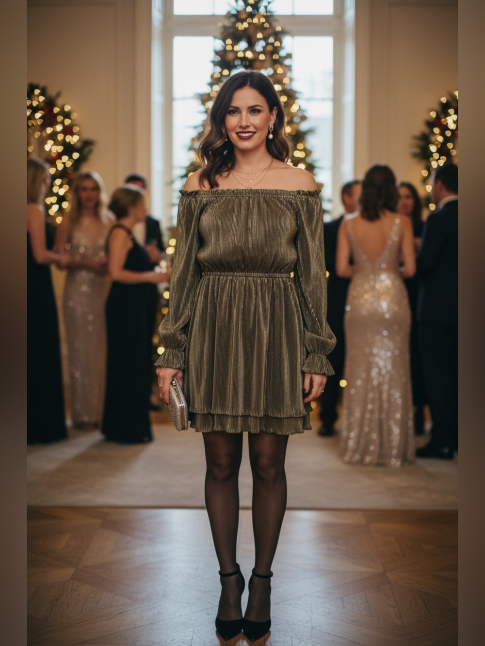 Off-Shoulder Green Pleated Party Dress